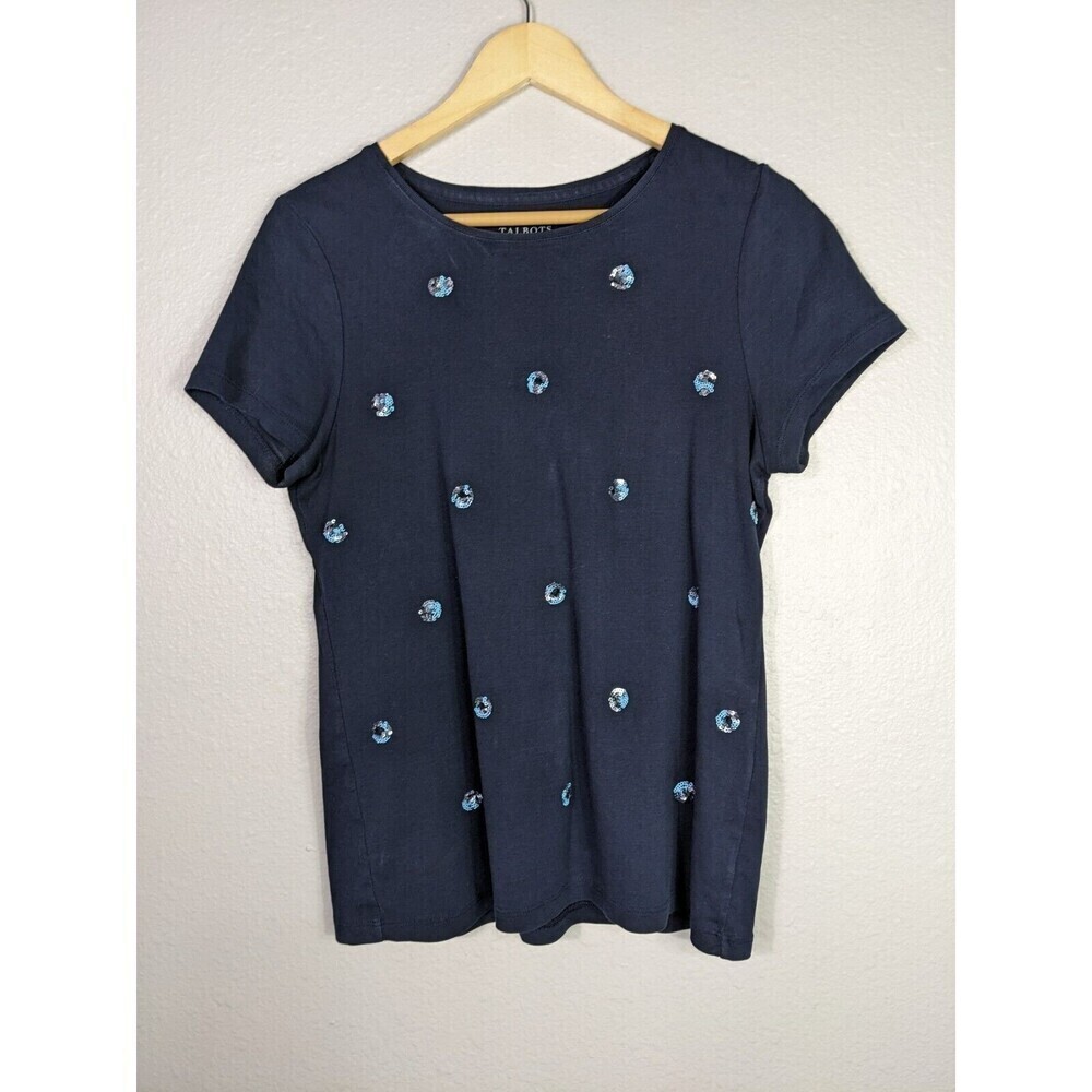 NWOT Talbots Womans Top Sequin Beaded Tee T-Shirt Blouse Sz LP Blue Short N62